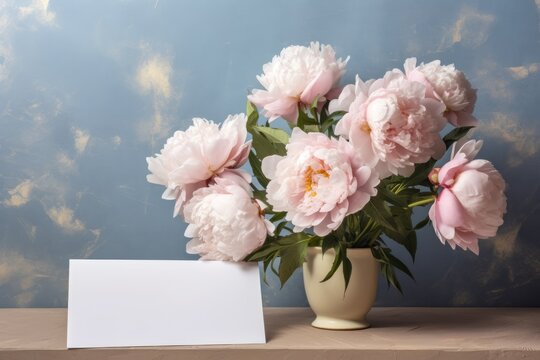 Mockup blank white paper with Peony flower with greeting card, Copy space. Generative AI image weber.