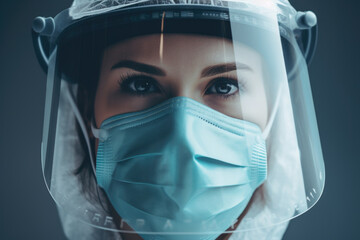 Close-up Doctor, Nurse, Surgeon Woman Wearing Face Mask and Face Shield during COVID-19 Pandemic Generative AI