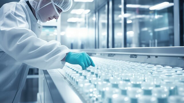 painstaking process of pharmaceutical manufacturing with a striking image of a gloved hand carefully inspecting medical vials on the assembly line of a modern pharmaceutical factory.
