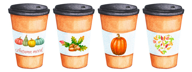 Set of paper cups with hot drink for autumn mood. Hot drink. Autumn decor, cozy home. Watercolor element for the design of cards, invitations, posters, stationery. Harvest Festival, Thanksgiving.