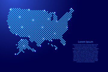 USA, United States of America map from futuristic blue checkered square grid pattern and glowing stars for banner, poster, greeting card