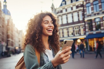 Smiling young traveler taking selfie enjoying european summer vacation. Generative AI - obrazy, fototapety, plakaty