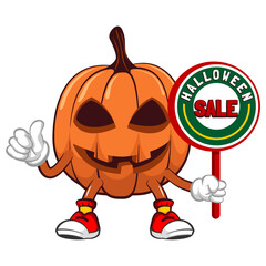 Obraz premium Vector mascot, cartoon and illustration of halloween pumpkin giving thumbs up sign while holding a sign saying halloween sale
