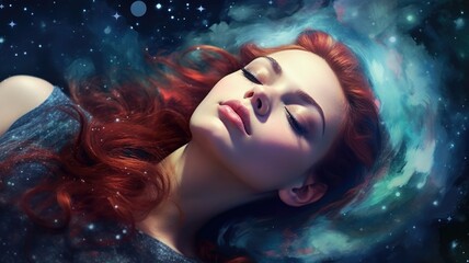 Close up portrait woman sleeping, floating outerspace with star nebula galaxy. Generative AI image weber.