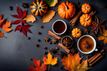 Tea with pumpkins, cinnamon sticks, star anise, and autumnal leaves. Autumn leaves with color for a cheerful feeling. top view of a grey stone table.