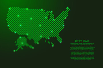 USA, United States of America map from futuristic green checkered square grid pattern and glowing stars for banner, poster, greeting card