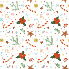 Christmas candy cane pattern, floral leaves, berries, snowflakes, stars, fir branches s on white background. Vector winter holiday repeat background. Cute xmas wallpaper, wrapping paper, fabric