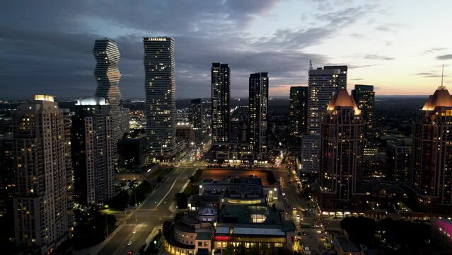 Night Aerial view of DownTown Mississauga City with sunset sky
