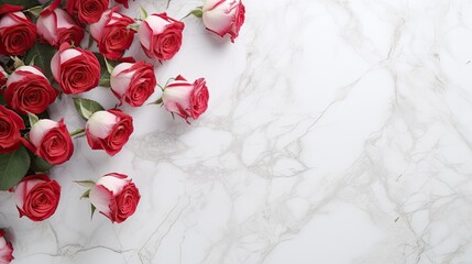 Roses scattered on a white Carrara marble, emphasizing contrast and elegance. Valentines, mothers day, fashion event, card. 