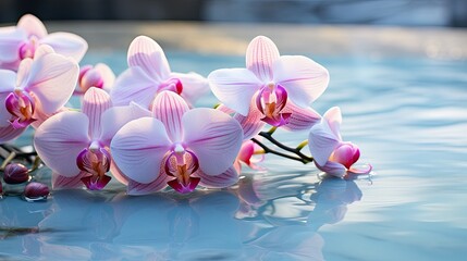 Pastel colored orchids on polished obsidian stone, emphasizing delicate beauty. Floral glamorous...
