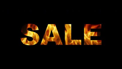 The word SALE burns with fire on a black background and on a white background. Flaming letters. Seamless flame animation