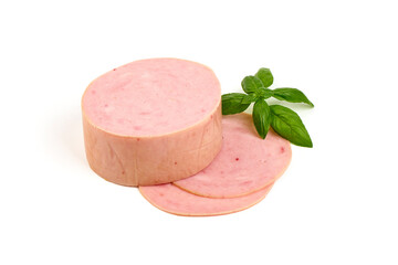Thinly Sliced Ham, boiled sausage, close-up, isolated on white background. © GSDesign