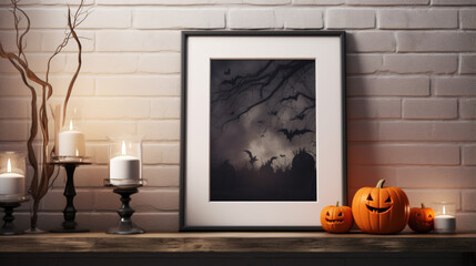 Mockup of a white small table with frame and halloween decorations.