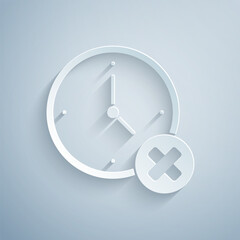 Paper cut Clock delete icon isolated on grey background. Time symbol. Paper art style. Vector