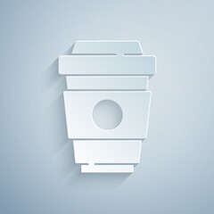 Paper cut Coffee cup to go icon isolated on grey background. Paper art style. Vector