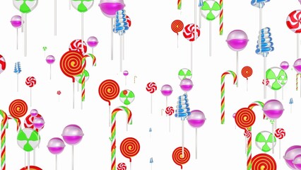 Background of variety of delicious lollipops. A lot of lollipops against a white background. 3D illustration