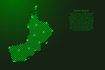 Oman map from futuristic green checkered square grid pattern and glowing stars for banner, poster, greeting card