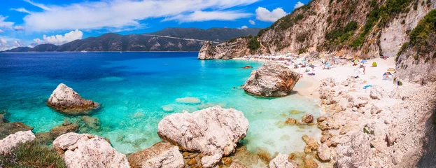 Poster lefkada Ionian island of Greece . best scenic beaches - beautiful Agiofili with turquoise crystal sea near Viasiliki © Freesurf