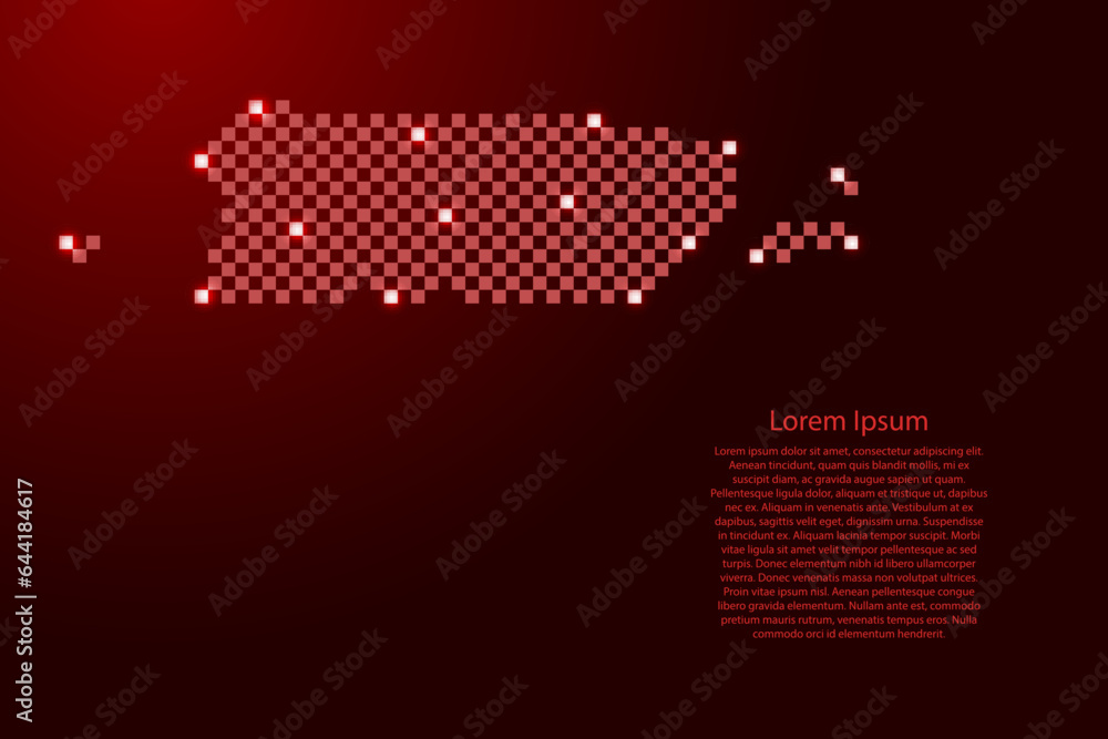 Poster puerto rico map from futuristic red checkered square grid pattern and glowing stars for banner, post