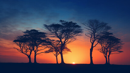 A silhouette of trees against a breathtaking orange and blue backdrop. AI Generative.