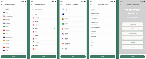 Choose Country, State, Nation, Province, Language and Region Screens App UI Kit Template © Anabel