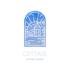 cottage logo watercolor, sunrise, landscape