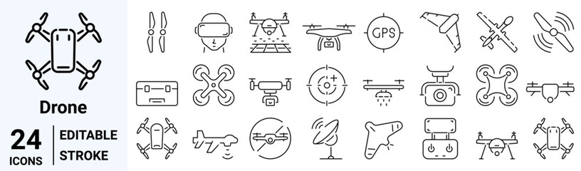 set of 24 line web icons Drone, Quadrocopter. Fast delivery, remote control, propeller, city map navigation, radar screen, radio antenna. Collection of Outline Icons. Vector illustration.
