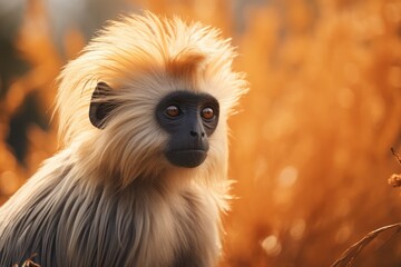 Fototapeta premium Golden Langur - Soft Light - Blurred Bokeh Background - Rare Animal Wildlife - AI Generated