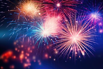 Fototapeta premium Bursting fireworks in an array of colors, for celebratory overlay - AI Generated