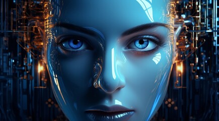 abstract AI face on technology background, AI humans face on background, technology AI face, bionic robot face