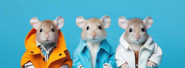 Wide banner of three adorable hamsters in colorful raincoats