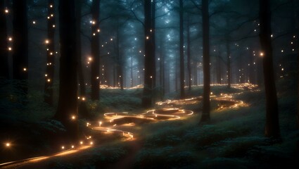 An elegant and intricate scene of a forest filled with glowing lights with smooth curves and sharp focus