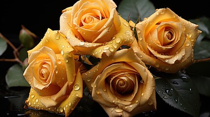 Beautiful yellow roses with water drops on black background, closeup. Mother's day concept with a space for a text. Valentine day concept with a copy space.