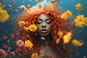 A black girl with ambient fantasy, perfect ideal pure silky face cosmetology concept, yellow, flowers 