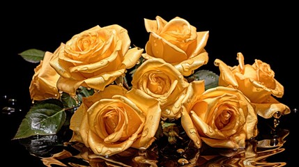 Beautiful yellow roses with water drops on black background. Mother's day concept with a space for a text. Valentine day concept with a copy space.