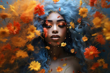 A black girl, blue hair, with ambient fantasy, perfect ideal pure silky face cosmetology concept, yellow flowers 