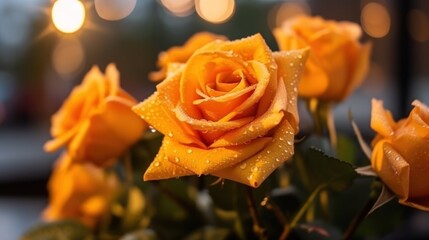 Beautiful orange roses with drops of water on the petals. Mother's day concept with a space for a text. Valentine day concept with a copy space.