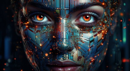 abstract AI face on technology background, AI humans face on background, technology AI face, bionic robot face - obrazy, fototapety, plakaty
