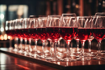 A lot of glass glasses with red wine stand on the bar in a row. AI generation. - obrazy, fototapety, plakaty