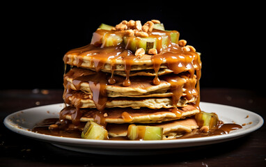 Unique creation of peanut butter and pickle pancakes. Combination of flavors between the creamy richness of butter and the spicy crunch of pickles. Concept of inspiration of flavors and combinations. - obrazy, fototapety, plakaty