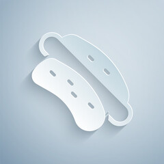 Paper cut Hotdog sandwich icon isolated on grey background. Sausage icon. Fast food sign. Paper art style. Vector