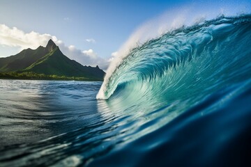 teahupoo wave at the end of the road in tahiti, french polynesia. Generative AI - obrazy, fototapety, plakaty