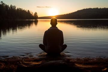 Young man meditating on the shore of a lake at sunset.