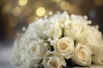 Floral background featuring an artificial bouquet of white roses with soft focus and ample space for copy. Generative AI