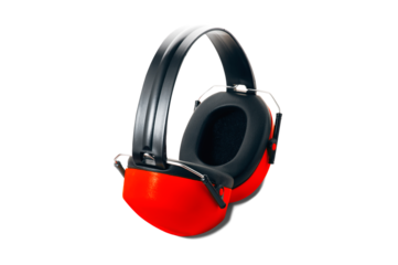 Red anti-noise headphones isolated on transparent background. PNG.