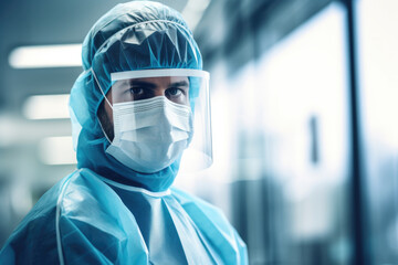 Male Doctor Surgeon in Scrubs with Face Mask and Face Shield - COVID-19 PPE Protection - Generative AI