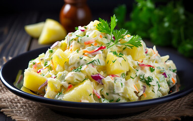 Tropical pineapple and mayonnaise salad. Light and satisfying accompaniment of pineapple and mayonnaise in harmony of flavor and texture. Concept of inspiration of flavors and combinations.