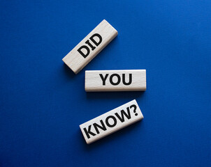 Did you know symbol. Wooden blocks with words Did you know. Beautiful deep blue background. Business and Did you know concept. Copy space.