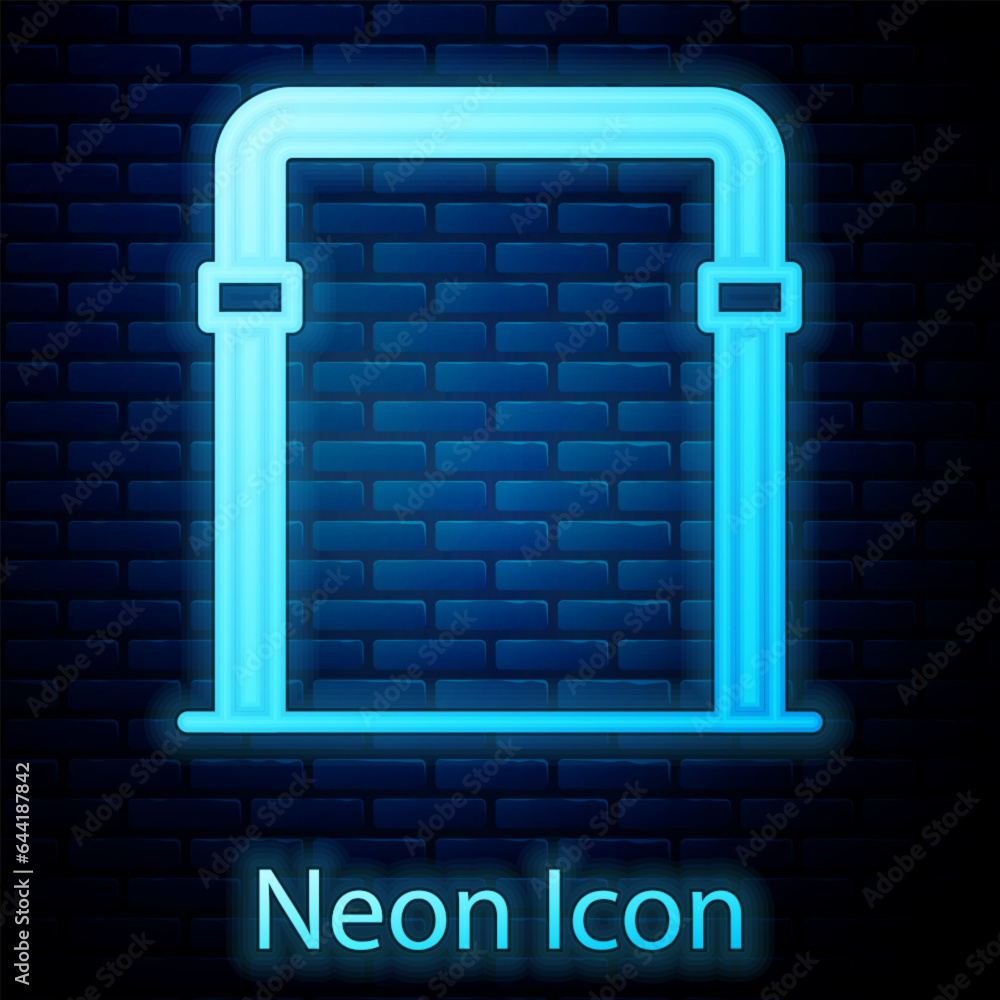 Sticker Glowing neon Sport horizontal bar icon isolated on brick wall background. Vector