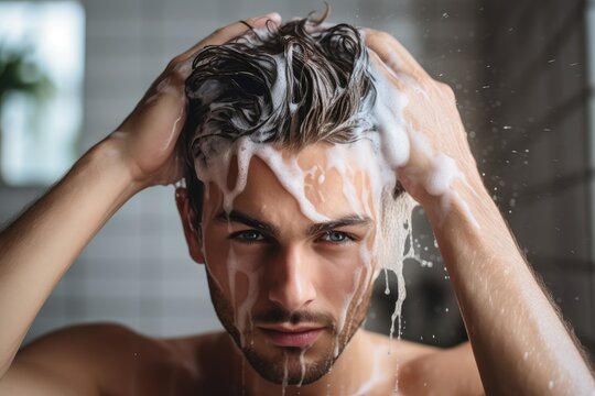 Young man washing his hair. Generative AI